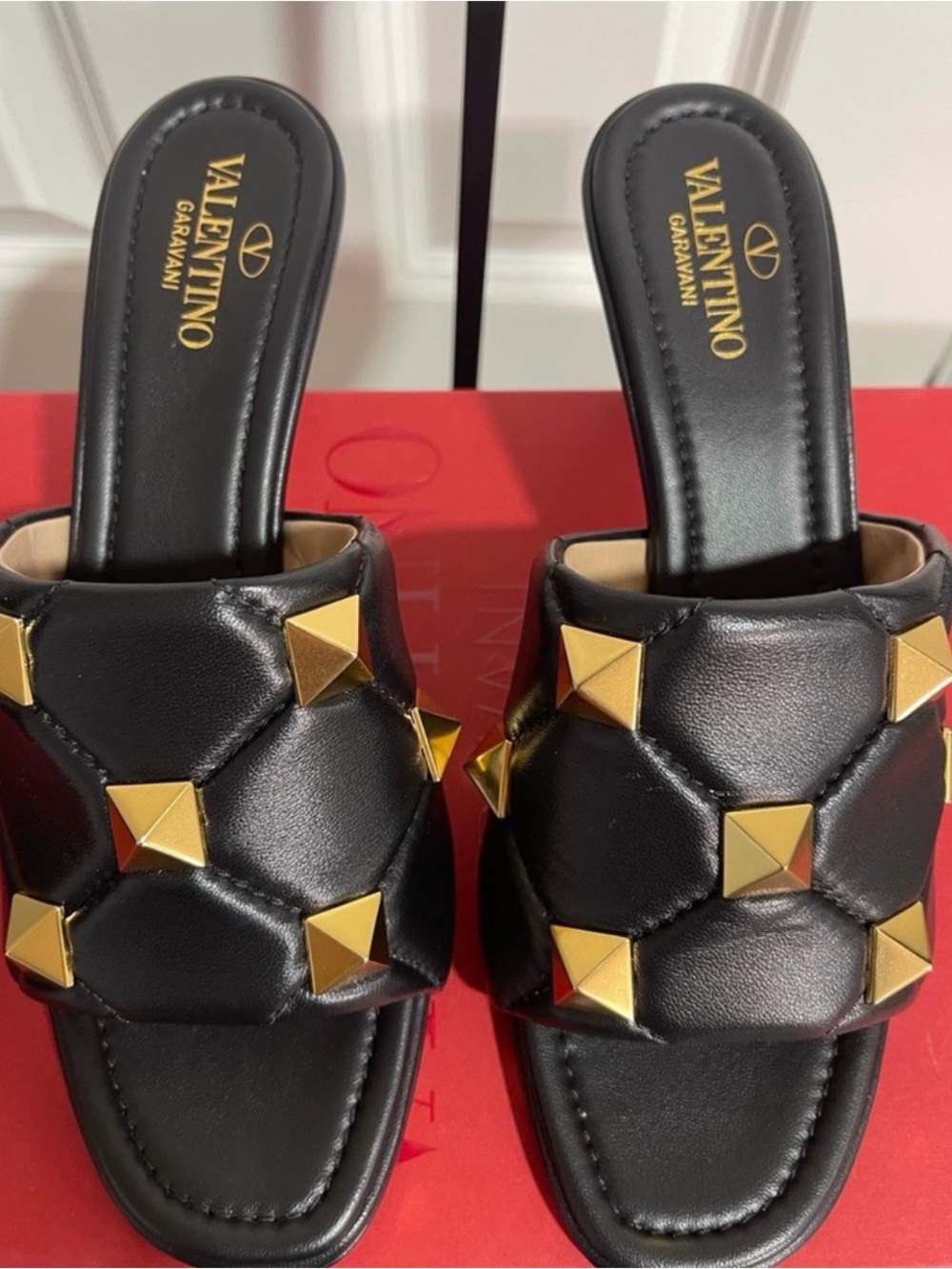 Valentino Black Quilted Leather Slide Sandals with Gold Pyramid Studs